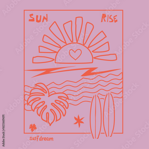 hand drown sunrise, summer vibes artwork, summer paradise  club, t-shirt print design, vintage summer t shirt design. sun poster design. line art. 