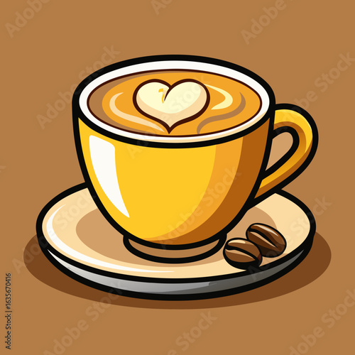 Yellow Coffee Cup with Heart Latte Art – Brown Background, Saucer with Coffee Beans, Warm Beverage and Café Love Concept Illustration