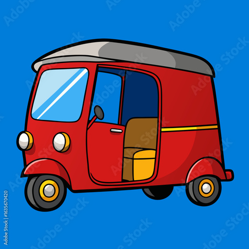 Cartoon Red Auto Rickshaw – Indian Tuk Tuk with Yellow Stripe, Open Door, Grey Roof, Blue Background, Urban Transport Illustration