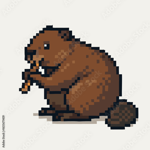 Charming pixel art beaver nibbling on a twig, perfect for retro game design or nature themes