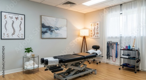 Modern chiropractic clinic interior featuring an examination table and anatomical posters