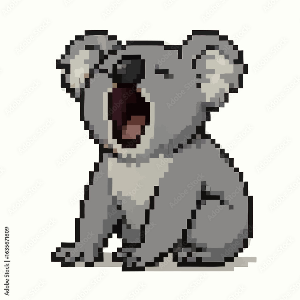 Fototapeta premium Adorable pixel art koala yawning widely, capturing a moment of sleepy charm and cartoonish cuteness