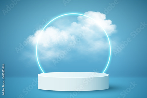 3D podium surrounded by soft fluffy white clouds with glowing neon round blue frame. Abstract dreamy cylindrical stage for showcasing products. Pedestal for display your brand. Vector illustration.