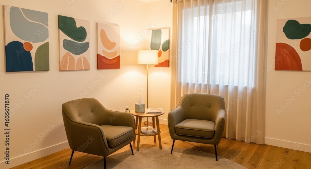 Fototapeta premium Inviting consultation room featuring modern art and comfortable seating arrangement providing