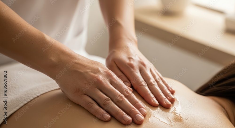 Therapeutic hands imparting soothing massage with oil on a smooth back surface wellness focus Therapeutic hands imparting soothing massage with oil on a smooth back surface wellness focus