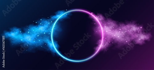 Neon circular ring frame with glowing blue and purple fog clouds with sparkling particles on dark wall background. Abstract design for fantasy, festive banners or modern visuals. Vector illustration.