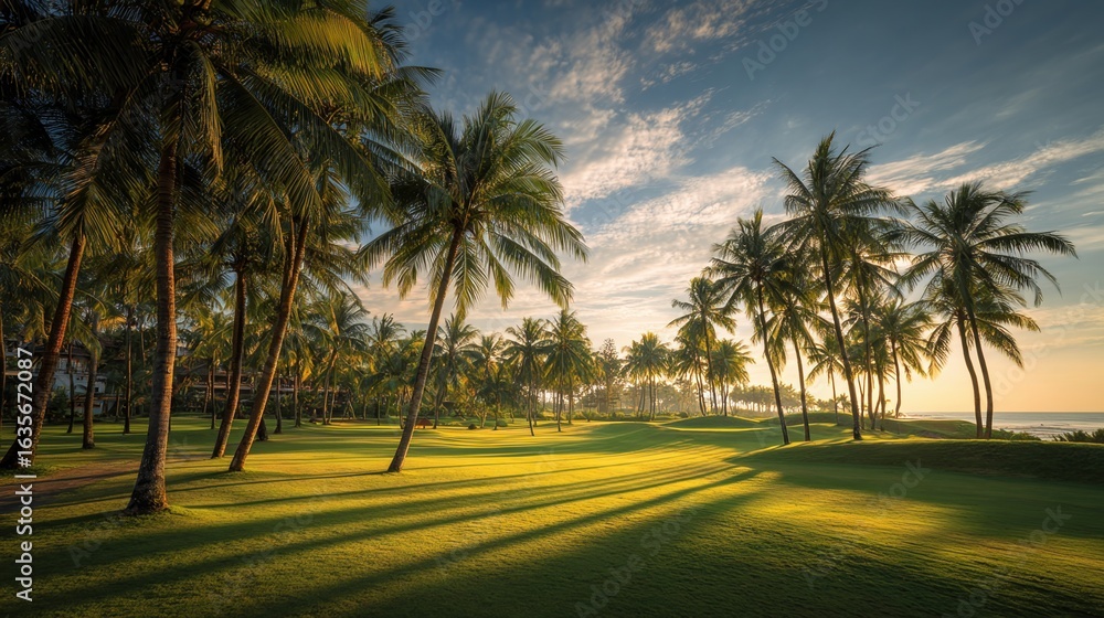 Fototapeta premium Luxury tropical resort golf course surrounded by palm trees under golden sunlight, offering scenic fairways, coastal beauty, and an idyllic vacation destination for leisure and championship play.