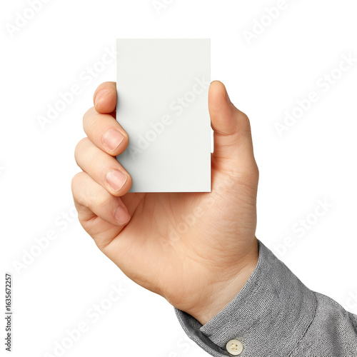 a hand with some sleave holding a blank bussinescard. photo, white or transparent background