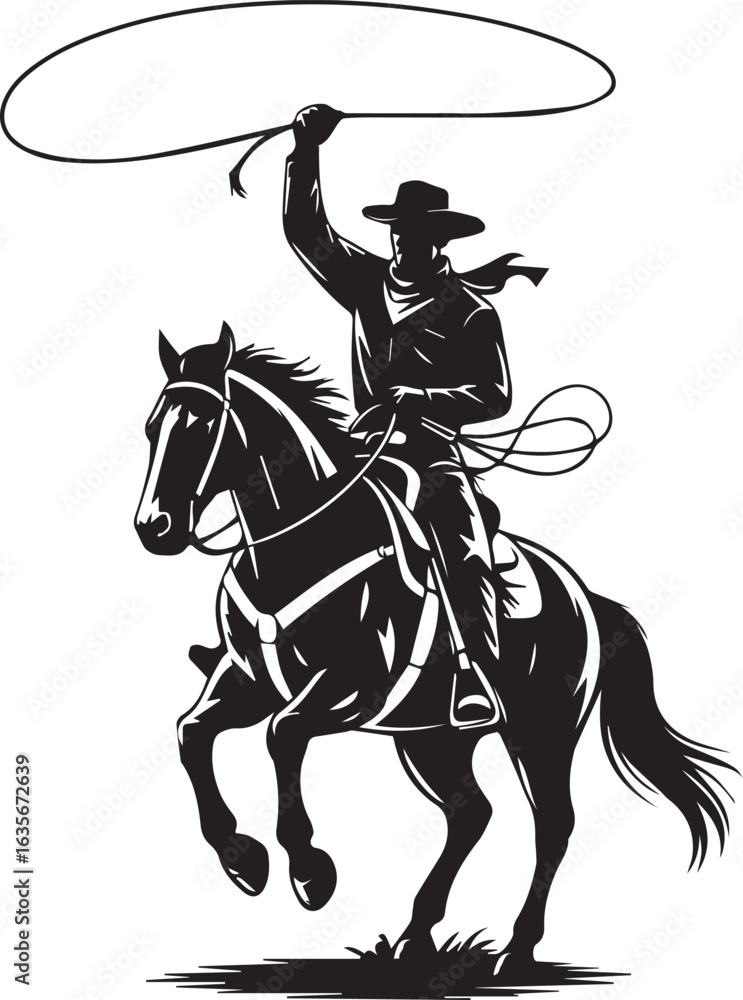 Naklejka premium A rugged cowboy rides a galloping horse across a dusty plain, the sun setting behind them