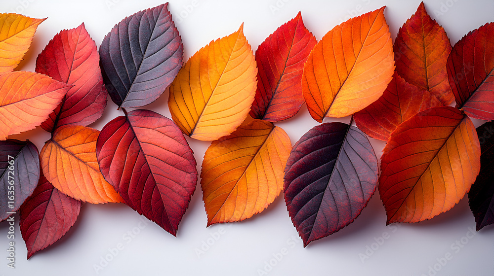 Fototapeta premium A vibrant arrangement of two-tone autumn leaves in red, orange, and purple on a white surface.