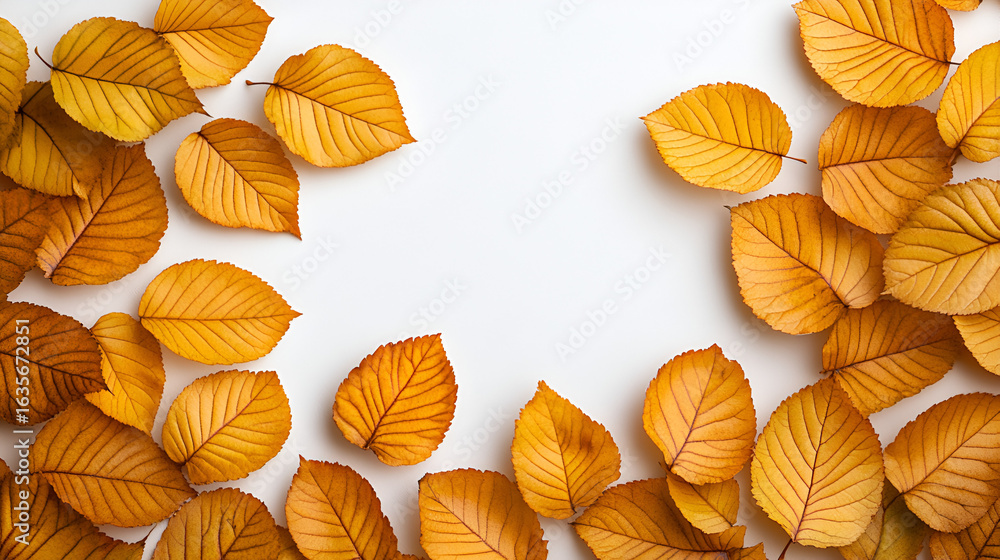Fototapeta premium Golden yellow autumn leaves create a natural frame on a bright white background with copy space.