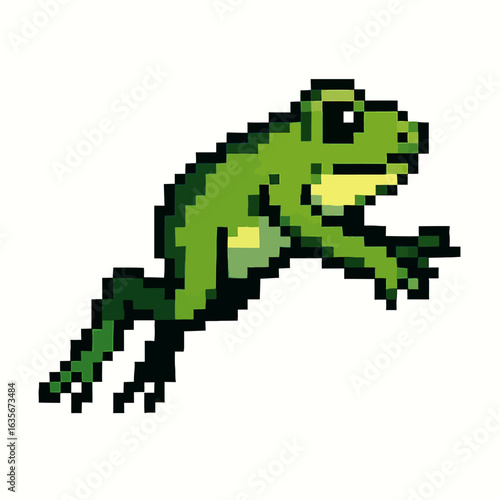 Retro pixel art frog leaping dynamically, perfect for vintage game design or playful concepts