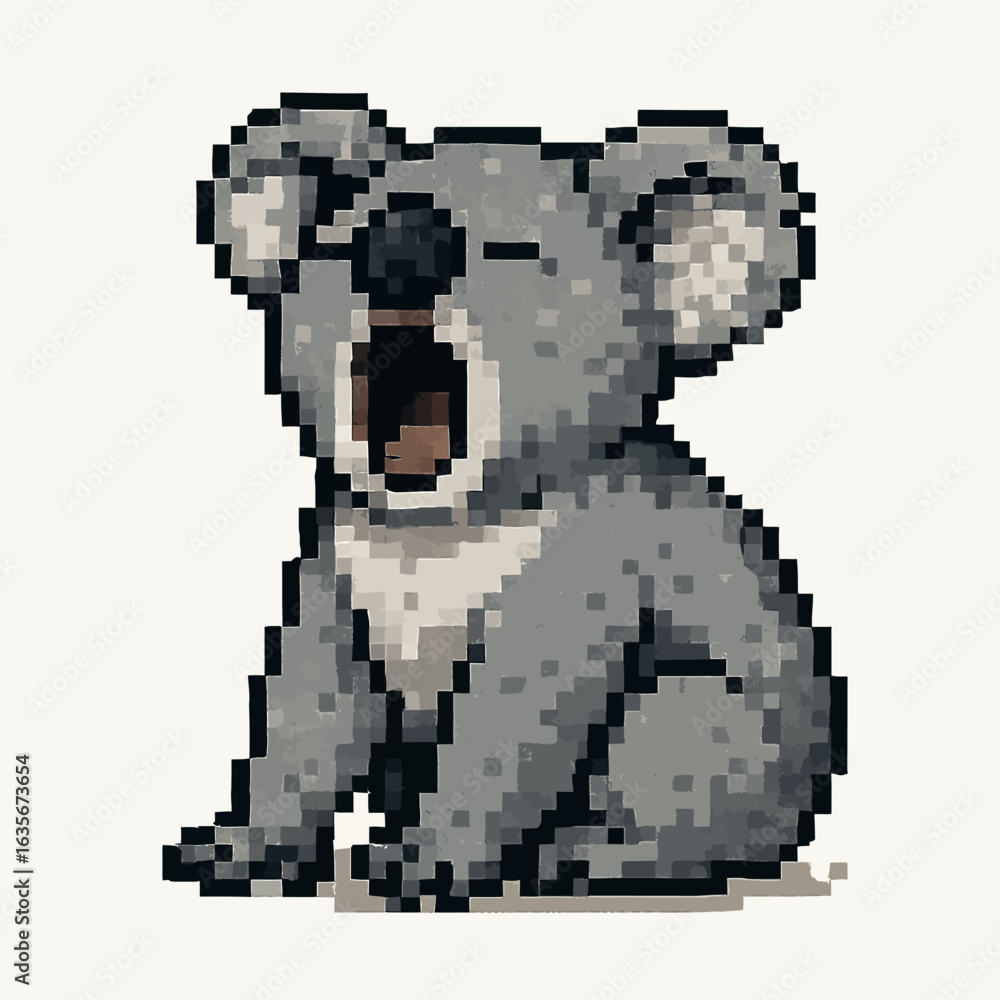 Fototapeta premium Adorable pixel art koala yawning widely, capturing a moment of sleepy charm and retro gaming nostalgia.