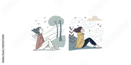 Print  Vector illustration of woman sitting on ground in windy weather