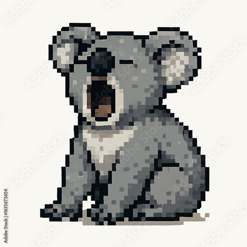 Adorable pixel art koala yawning widely, capturing a moment of sleepy charm and retro gaming nostalgia.