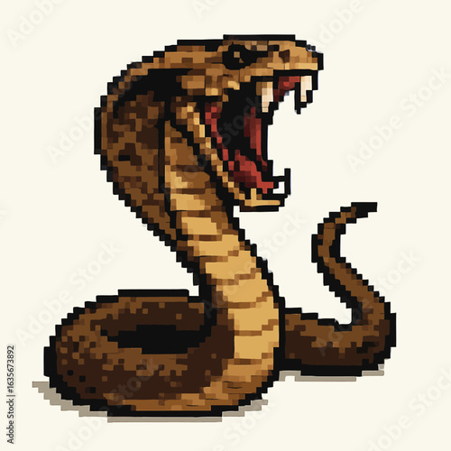 Aggressive pixel art cobra strikes with open mouth and fangs, a retro gaming threat