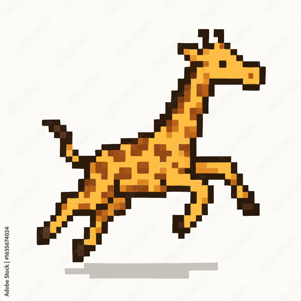 Fototapeta premium Charming pixel art giraffe leaps dynamically, bringing retro fun to any design project.