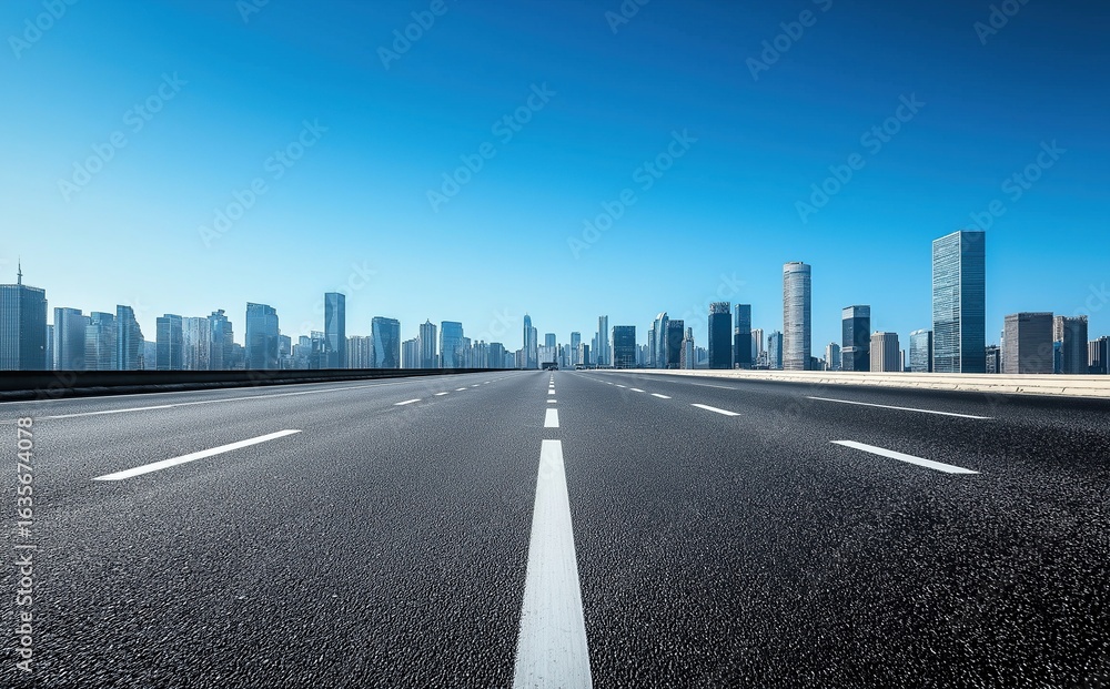 Obraz premium A minimalist wide-angle view of a clean empty highway with white lines leading to a modern city skyline under clear blue sky, showcasing urban architecture and conveying calm driving tranquility