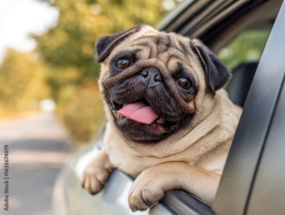 Obraz premium A happy Pug dog hangs out of a vehicle window, tongue lolling, enjoying a car ride on a sunny day.
