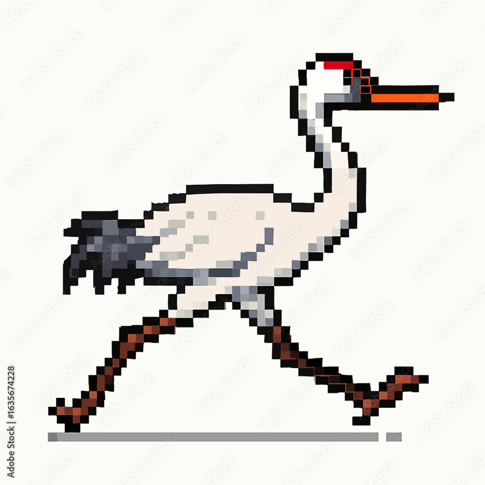 Fototapeta premium Pixel art white crane gracefully walking, capturing nature's beauty in retro style