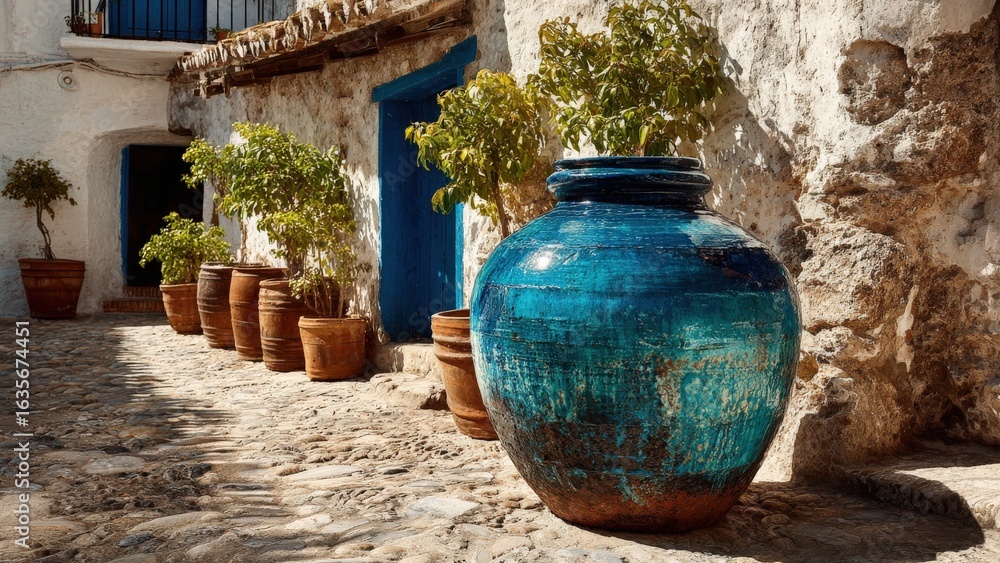 Fototapeta premium Cobalt-blue ceramic demijohn barrel amidst Jerez de la Frontera's charming patios
