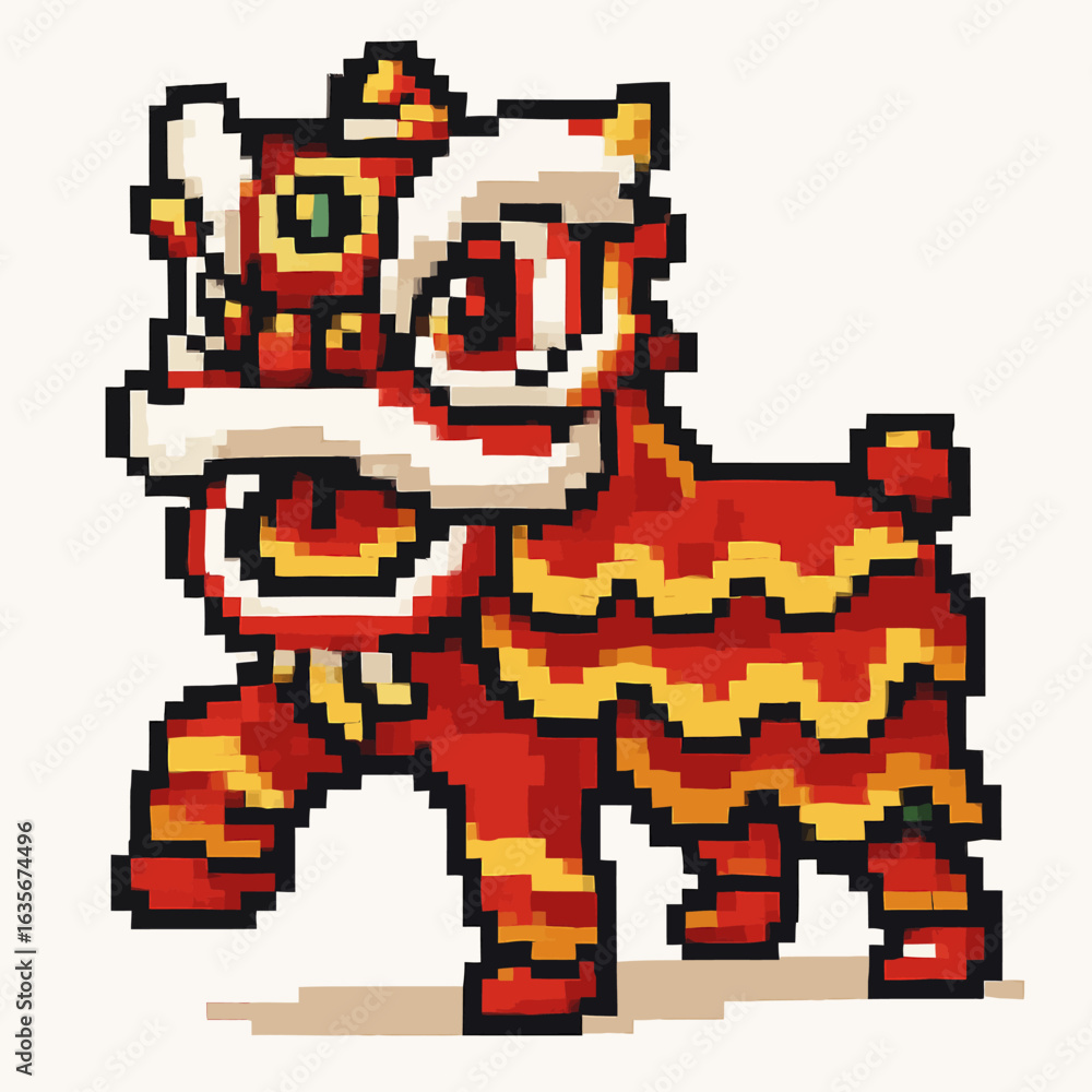 Obraz premium Vibrant pixel art lion dance performance bringing festive energy and cultural celebration to any project