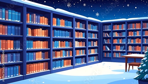 Snowy night scene in a library.