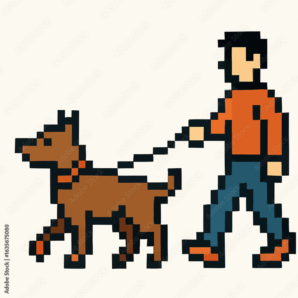 Fototapeta premium Pixelated person walks dog on leash enjoying a casual stroll, retro gaming style