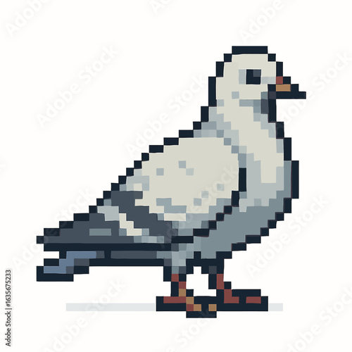Charming pixel art pigeon standing alert, a retro digital creature perfect for gaming or design projects.