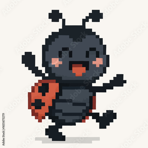 Joyful pixel art ladybug character dancing with happiness, perfect for playful designs.