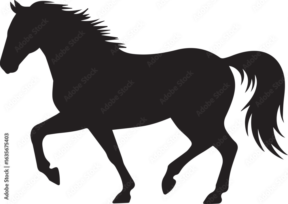 Obraz premium Vector silhouette illustration of a running black stallion galloping with a flowing mane and tail