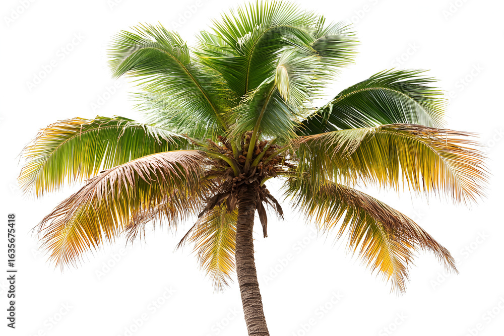 Fototapeta premium A single tropical palm tree with lush green and dry yellowing fronds isolated against a clean white background.
