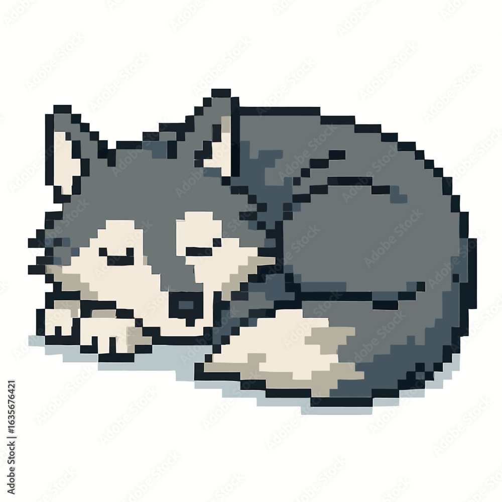 Obraz premium Adorable pixel art husky puppy sleeping peacefully in a cute curled-up pose, perfect for playful designs