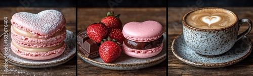 Different pictures of a cup of coffee and a plate of food valentine’s sweet treats food background