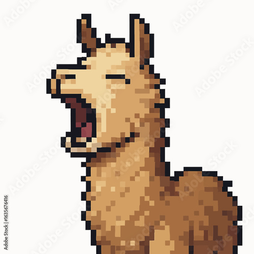 Pixel art llama yawning widely with eyes closed, capturing a moment of sleepy fatigue