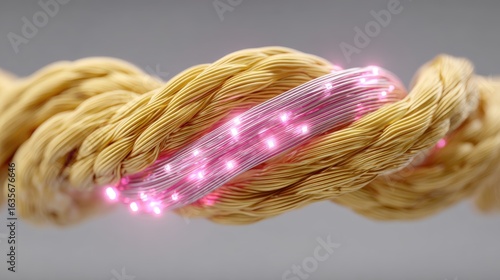 Yellow fiber-optic coil glows with magenta light against a gray background
