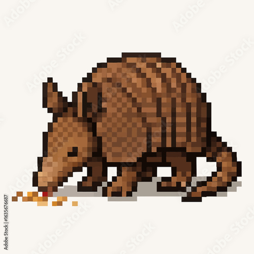 Charming pixel art armadillo foraging for food, a delightful retro wildlife scene