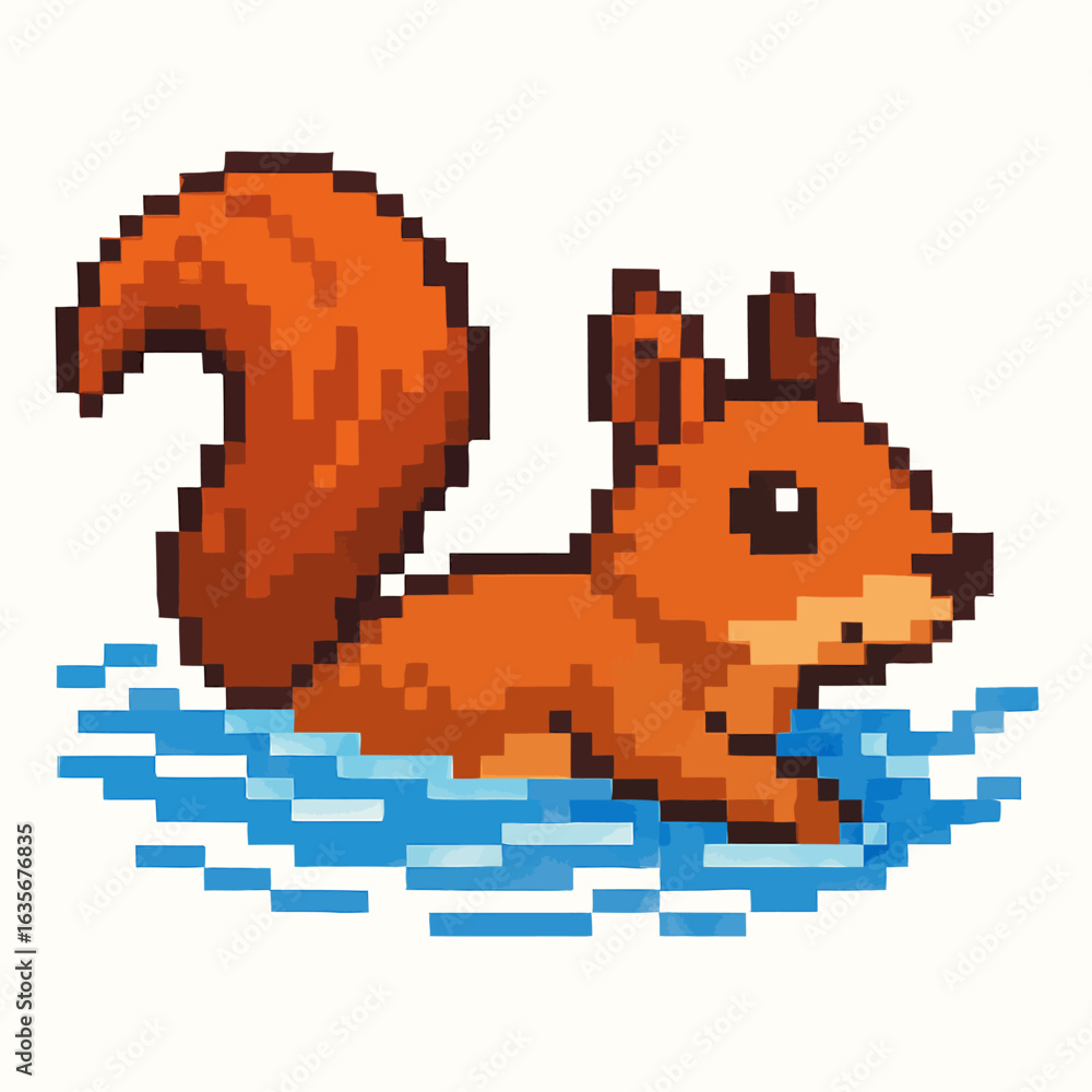 Obraz premium Charming pixel art squirrel swimming through blue water with a playful, energetic vibe