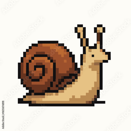 Charming pixel art snail illustration perfect for retro game design or whimsical nature projects