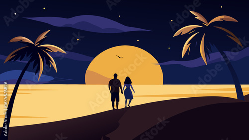 couple walking moonlit beach romance