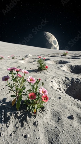 Pink flowers bloom on the moon with earth in the background