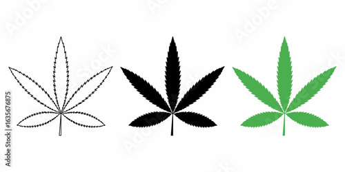 Vector illustration of cannabis leaves icon set : outline, silhouette, and green. cannabis leaves icon isolated on white background.