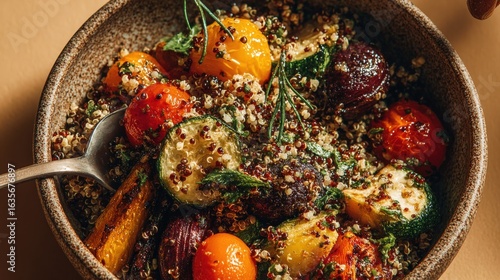 Hand scooping chimichurri quinoa with grilled vegetables in rustic bowl