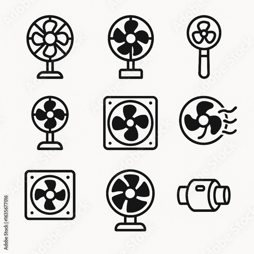 Minimalist Fan and Ventilation Icons – Handheld, Desk, Exhaust, and Duct Types