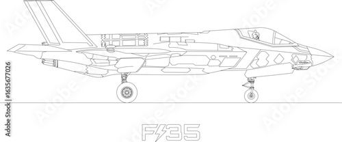 F-35 Lightning II iF35 supersonic military fighter plane, stealth strike fighters, silhouette line art, vector illustration