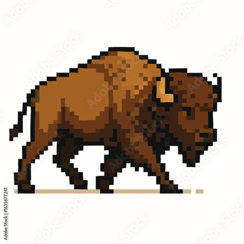 Pixel art bison walking powerfully across a plain, capturing vintage game charm and wild spirit