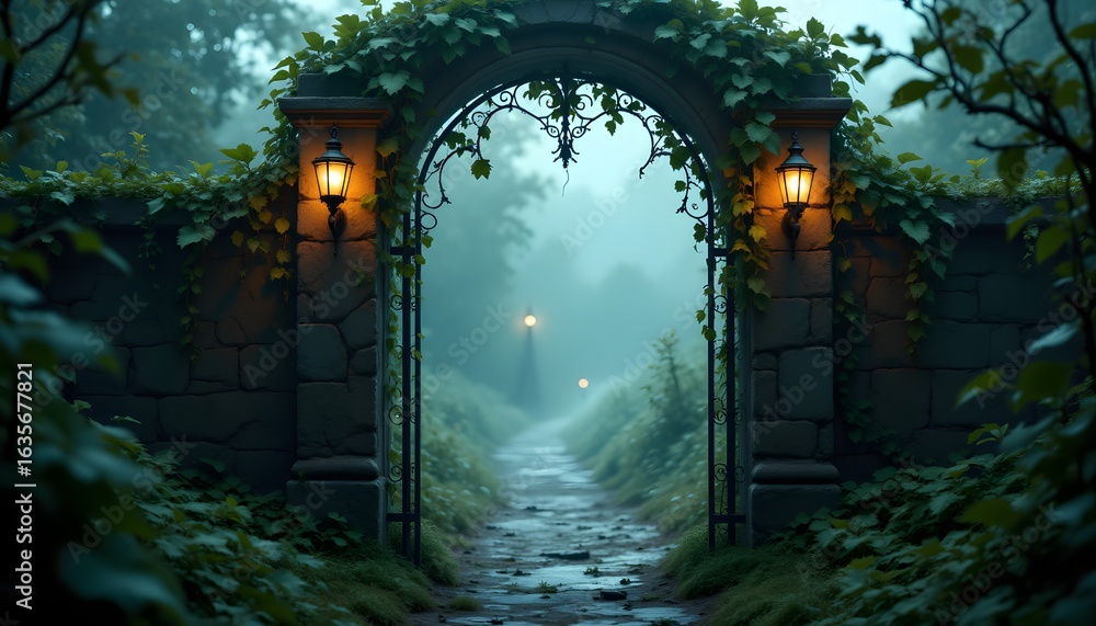 Obraz premium An aged, wrought iron gate, intricately designed with floral motifs, stands slightly ajar, revealing a path disappearing into a dense, swirling fog