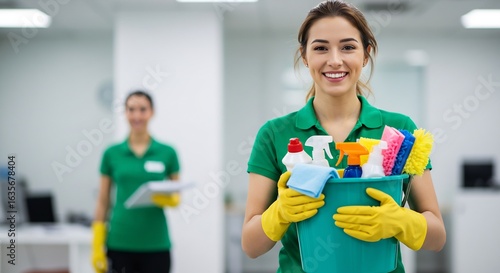 Smiling Caucasian Cleaning Woman Holding Cleaning Supplies in a Bucket with a Colleague in the Background, Office Cleaning Concept