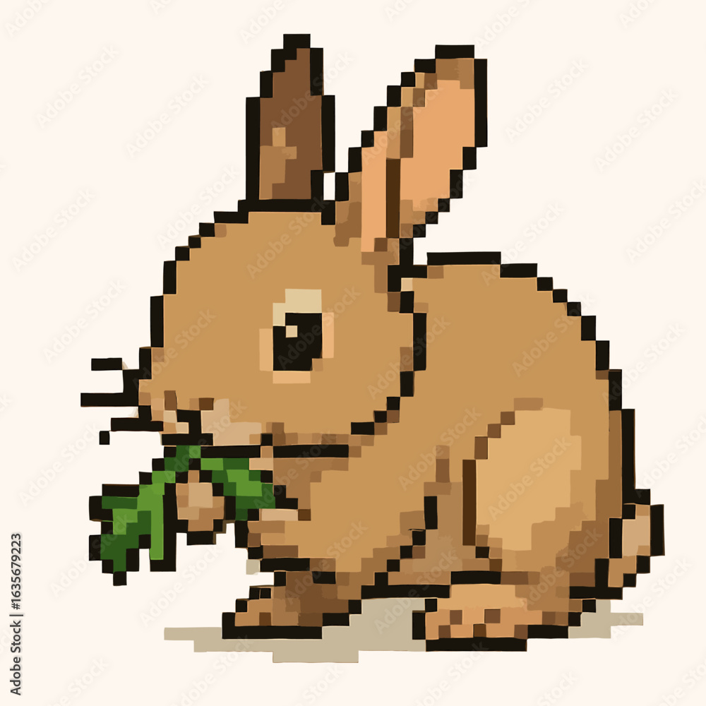 Fototapeta premium Pixelated brown bunny enjoying fresh greens, perfect for children's books, games, and design projects