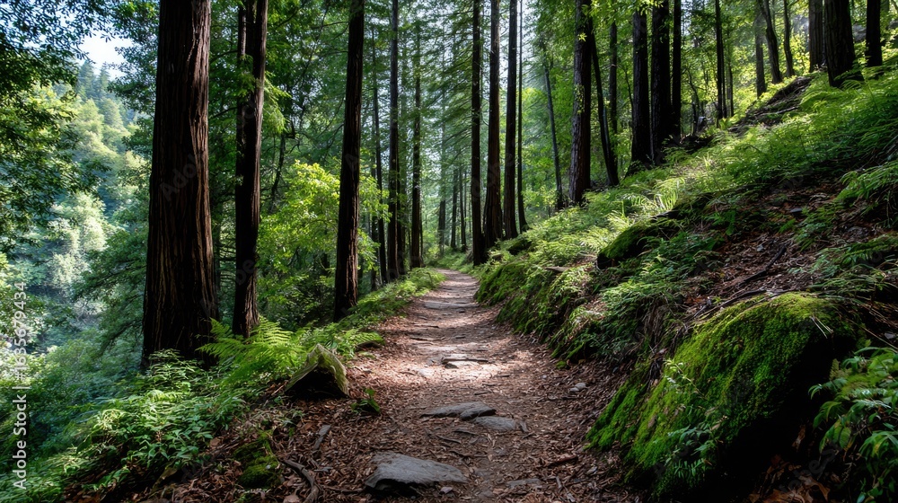 Fototapeta premium forest through towering trees whose thick trunks disappear into a lush canopy overhead